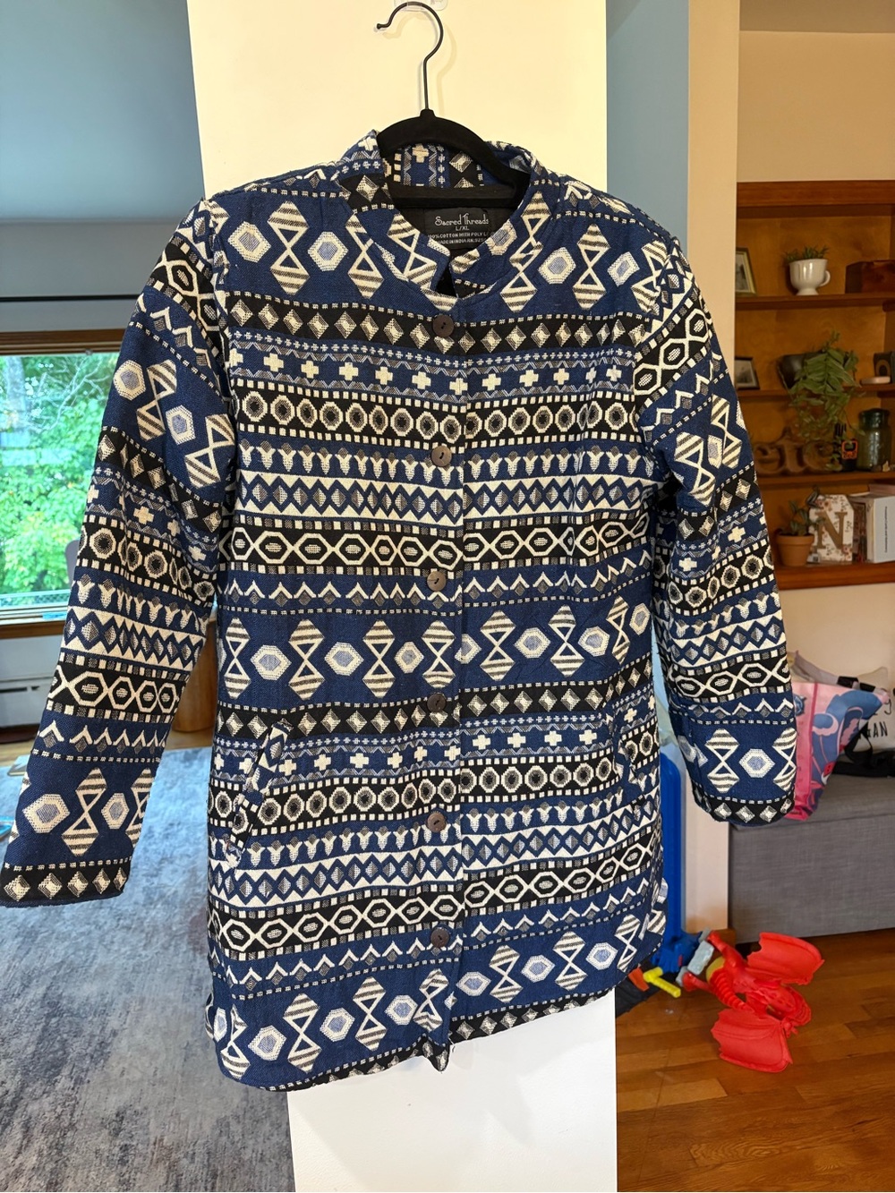 Sacred Threads Navy Blue and White Geometric Button-Front jacket
